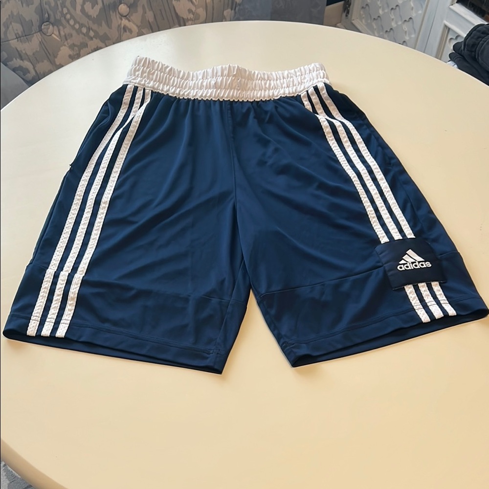 Adidas Blue and White Athletic Shorts with Signature Stripes